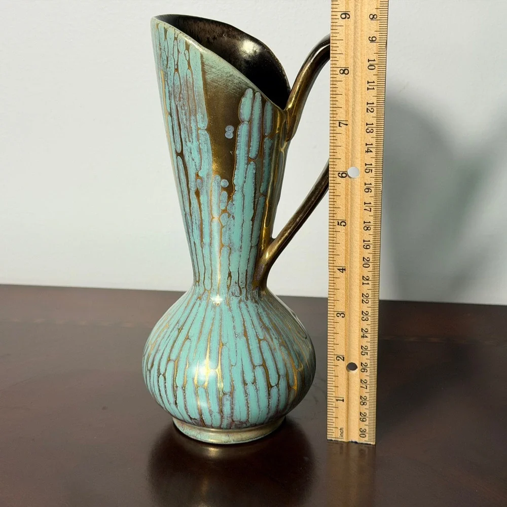 Vintage Carstens Tonnieshof Rimini Ewer Vase Turquoise Gold Drip Glaze W Germany